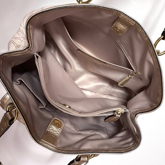 Coach Monogram Penelope Handbag Satchel Gold Leather Ivory Linen Signature C - Picture 10 of 16